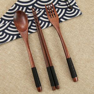 日式布袋木质筷子便携套装高颜值旅行随身三件套餐具防滑防霉