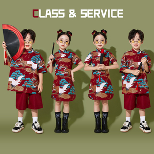 六一儿童合唱演出服男女童中国风仙鹤旗袍套装亲子装表演服兄妹装