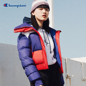 champion冠军羽绒服秋冬女子拼接撞色立领明亮色短款棉服保暖外套