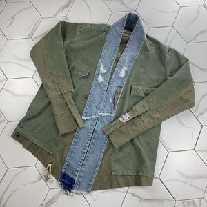gaorl新款军绿军布水洗做旧补丁牛仔拼接道袍外套gl greg lauren