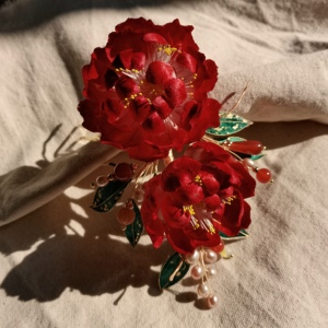 云中手作 牡丹偏深红绒花原创发簪头饰汉服