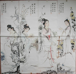 工笔画侍女仕女图人物仿古纯手绘四大美女客厅酒店四条屏原稿国画