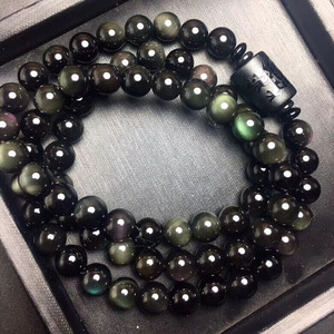 随缘堂天然墨西哥彩虹眼黑曜石七彩龙珠手链3圈手链
