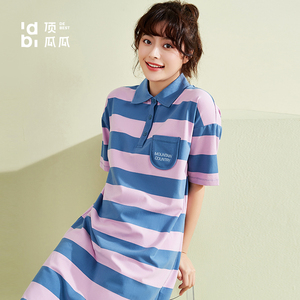 顶呱呱睡裙女polo裙纯棉夏季薄款冰霜氧气棉条纹宽松长款家居裙