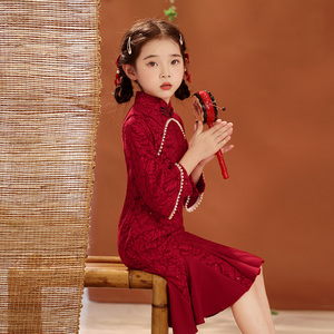 女童旗袍2024新款春秋中国风小女孩红色新中式礼服儿童连衣裙童装