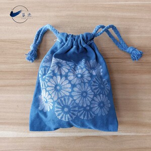 原创手工扎染布袋蓝染草木植物染布艺包收纳袋束口小布袋