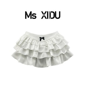 Ms XIDU 2024SS夏季白色缎面miu风蛋糕裙木耳边百搭蓬蓬短裙裙裤