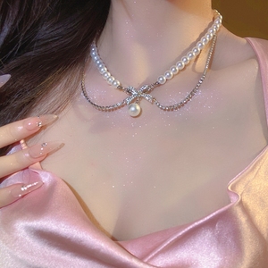 在逃公主●法式高级感小众复古小香风蝴蝶结珍珠项链镶钻气质耳环