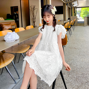 儿童夏季蕾丝连衣裙2022新款女童洋气公主裙子中大童夏装白色纱裙
