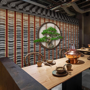 中式屋檐古色古香壁纸古代风格假山瓦片背景墙布茶室装修古风墙纸