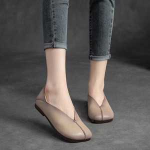 秋季套脚休闲两穿单鞋文艺手工软皮平底真皮森女鞋软底复古妈妈鞋