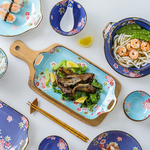 日式盘子碗碟餐具家用创意少女米饭碗菜盘双耳圆盘单个长方形鱼盘
