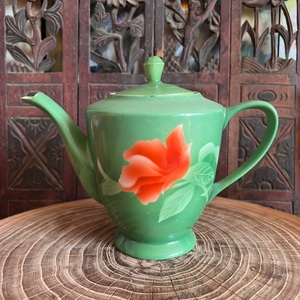 文革老茶壶唐山瓷绿釉花卉端把茶壶茶具古董老瓷器实物照包老保真