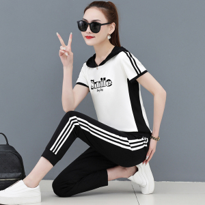 乔丹跑步运动套装女薄款夏季时髦减龄连帽短袖休闲服冰丝长