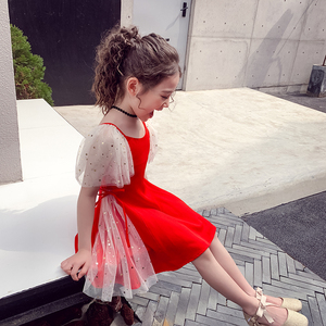 女童连衣裙红色儿童裙新款女孩夏装洋气裙子雪纺中大童公主裙