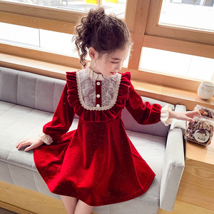 女童连衣裙秋冬新款中大童丝绒公主裙甜美法式加绒小女孩红色裙子