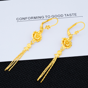 周大福星24k越南沙金999黄金流苏耳环女时尚百搭长款花型吊坠首饰