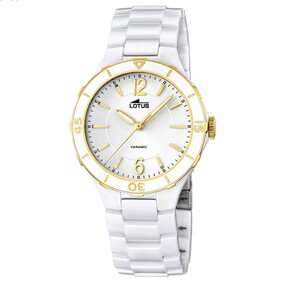 莲花lotus 15931/2白色陶瓷金色壳简约石英时尚防水女士手表腕表
