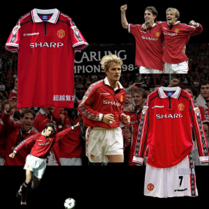 9899曼联红魔复古球衣三冠王主场7号贝克汉姆短袖长袖足球服套服