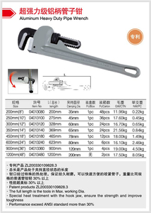 威力迈泊超强力级铝柄管子钳200/250/300/350/450/600/900/1200MM