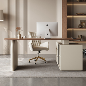 复古奶油风书桌极简现代家用全实木书房办公桌老板桌电脑桌咨询桌