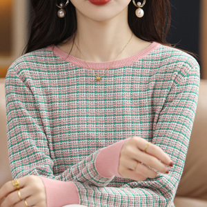 全纯棉线衣针织打底衫女圆领春秋新款小香风套头毛衣薄款短款宽松