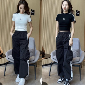 炸街时尚套装女夏季韩版两条杠短袖T恤+休闲裤运动跑步显瘦两件套
