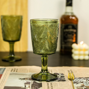 法式浮雕树叶创意高脚杯玻璃杯女复古绿色红酒杯子饮料水杯果汁杯