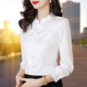 新中式上衣女春装新款2024显瘦白色衬衫长袖立领盘扣国风提花衬衣