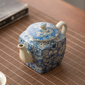仿古汝窑繁花汉方壶家用大号茶壶功夫茶具大容量单壶陶瓷泡茶壶