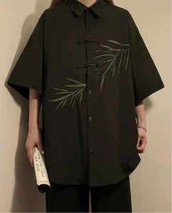 韩国刺绣新中式国风短袖衬衫女夏季新款宽松大码冰丝黑色外套上衣