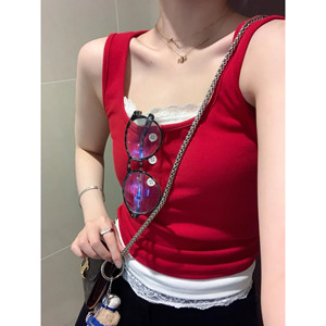 韩国红色短款外穿蕾丝工字背心女夏季新款假两件辣妹无袖吊带上衣