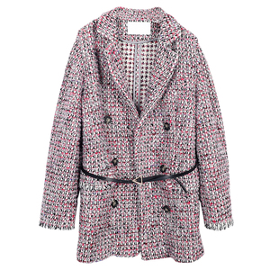 沄地素2020年冬季新款显瘦玫红色系带长袖西装领毛呢大衣外套女装