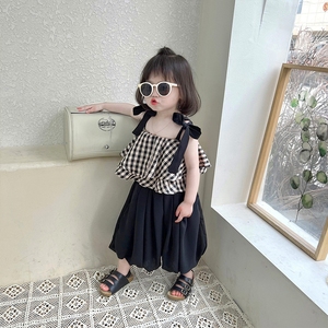 okaidi童装夏季女童格子吊带洋气裤裙休闲套装儿童韩版时髦两件套