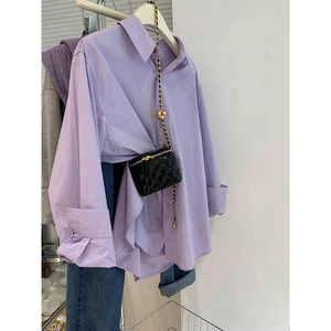 紫色棉麻衬衫外套女夏季2024新款防晒衬衣高级设计感春装上衣夏款