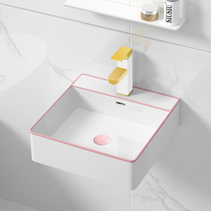 北欧粉色边陶瓷挂墙悬挂式洗手盆方形小户型阳台洗脸挂壁组合水盘