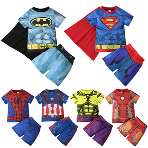 儿童漫威联盟蜘蛛侠卡通超人夏季男童纯棉短袖T恤演出服两件套