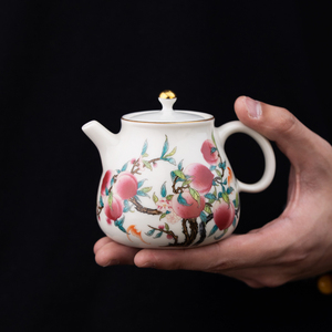 粉彩九桃五福茶壶陶瓷家用客厅寿桃泡茶壶中式功夫茶具复古单茶壶