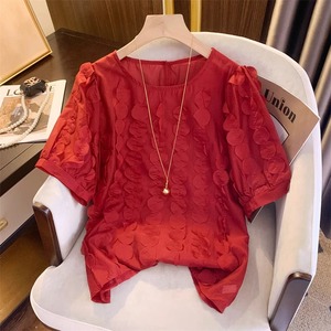 红色雪纺衬衫女夏季2024新款洋气时尚拼接圆点设计感宽松短袖上衣