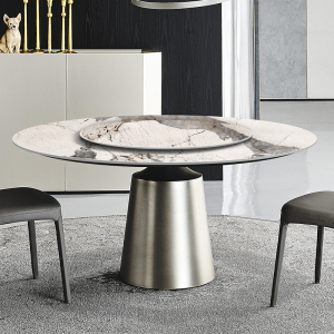 岩板餐桌椅子组合不锈钢圆桌轻奢圆形家用小户型简约带转盘圆餐桌