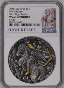 现货纽埃2018年天启四骑士白马骑士高浮雕仿古镀金银币ngc-ms69