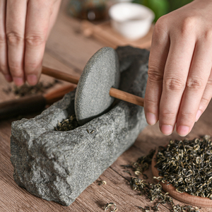 天然青石茶碾唐宋代点茶工具磨茶石撵子老式纯手工雕刻石碾子摆件