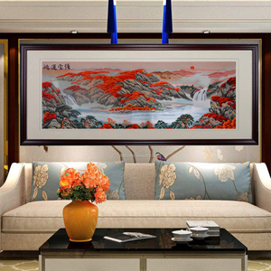 新中式真丝苏绣成品书房山水客厅刺绣挂画鸿运当头沙发背景墙装饰