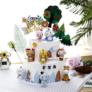 森林动物小鹿老虎小兔子招财猫狮子猴子蛋糕摆件儿童生日烘焙装饰
