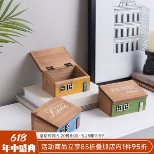 YBOX木制收纳盒原创复古海洋风创意整理翻盖木盒手机钥匙桌面卧室