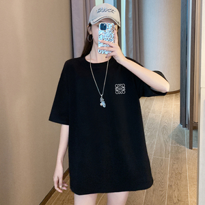 韩国中长款纯棉黑色短袖t恤女2024夏季新款宽松大码半袖体恤上衣
