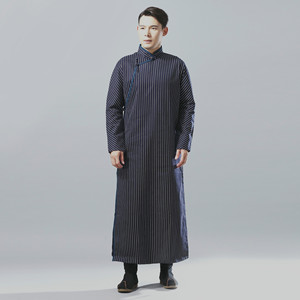 中国风长衫男士汉服棉麻唐装长袍中式条纹民国书生长褂男装相声服