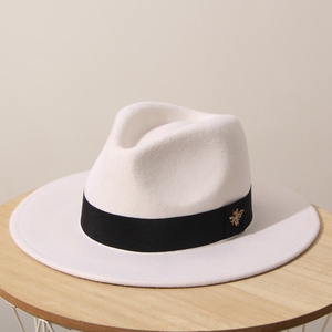 羊毛呢白色帽子女士秋冬百搭巴拿马毡帽复古小蜜蜂平沿爵士礼帽男