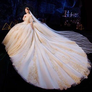 主婚纱2024新款新娘大拖尾气质重工蕾丝奢华v领法式星空梦幻