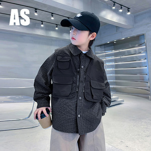 韩国AS品牌正品男童春秋长袖衬衫套装2024新款儿童工装马甲两件套
